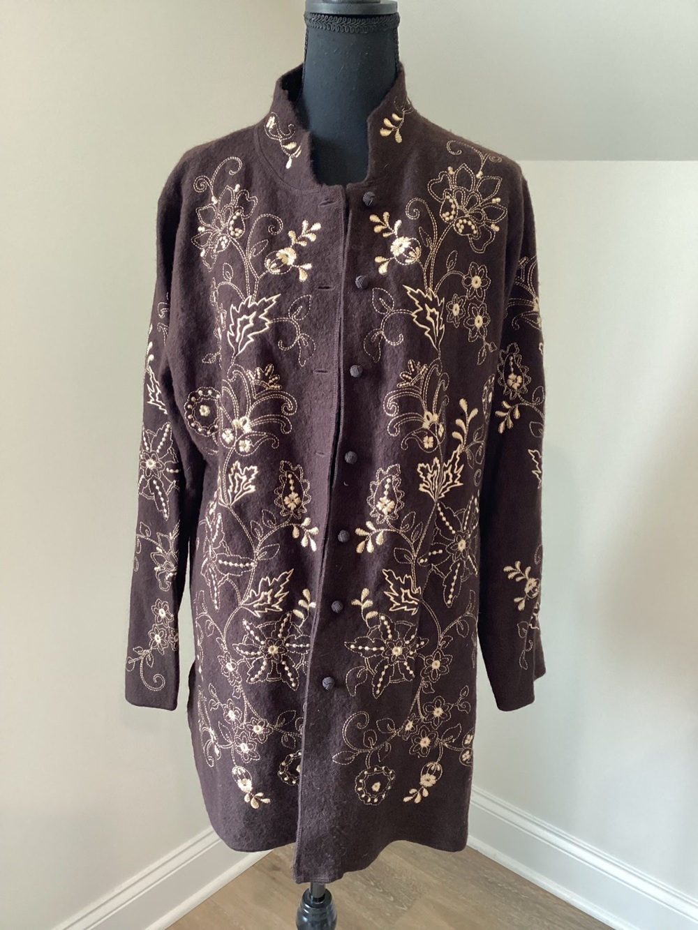Carole Little XL Wool Embroidered Floral Sweater Coat Boho Cottagecore Brown